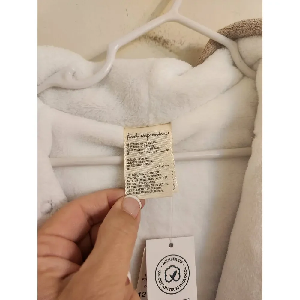NWT First Impressions Unisex Faux Sherpa Lined Hooded Jacket 12 Months